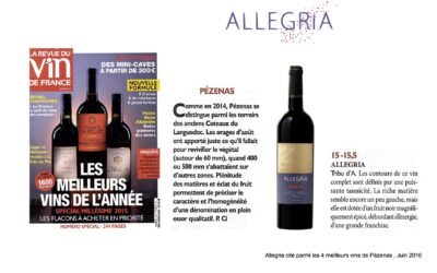 Tribu d’A rouge 2015 cité parmi les 4 meilleurs vins de Pezenas par la Revue du Vin de France