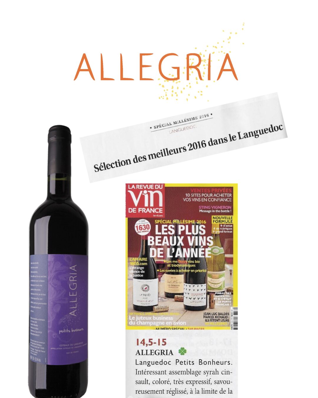 Allegria Petits Bonheurs 2016 sélectionné par la Revue du Vin deFrance