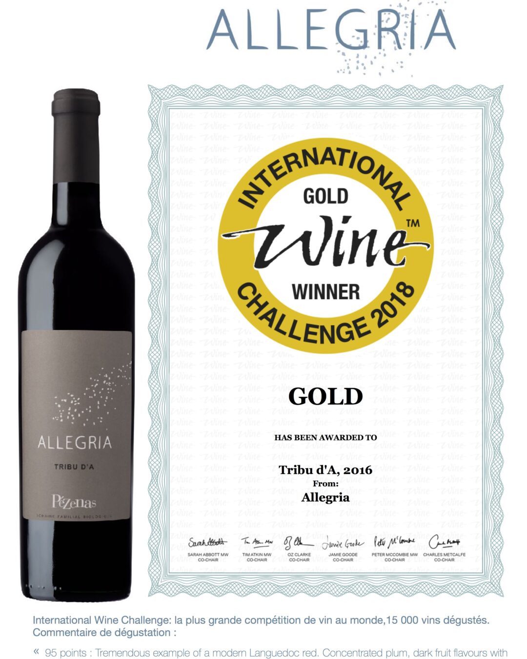 International Wine Challenge: Médaille d’or pour le Tribu d’A